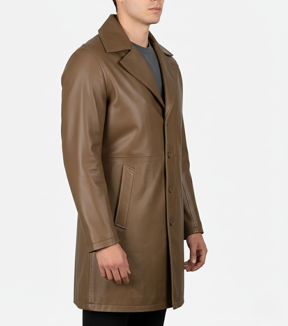 Mens Camel Brown Leather Trench Coat - Detail View