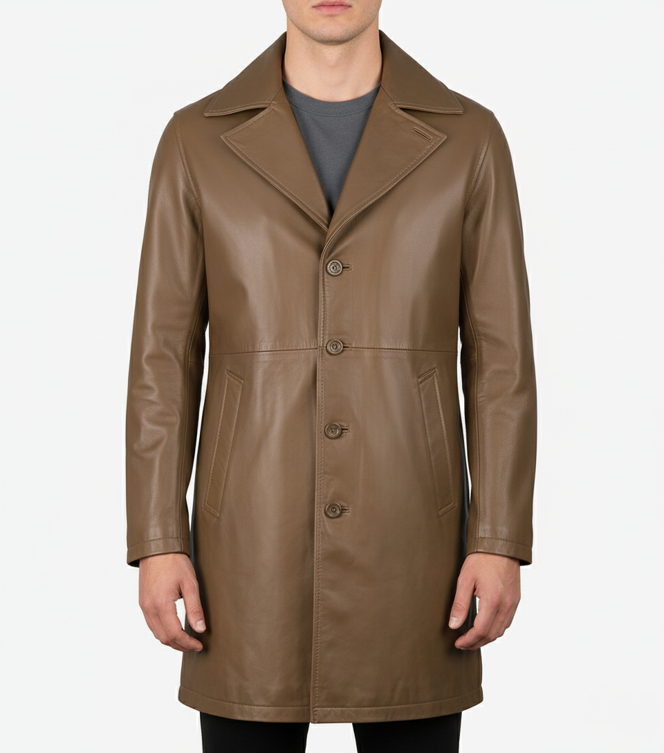 Mens Camel Brown Leather Trench Coat - Front View
