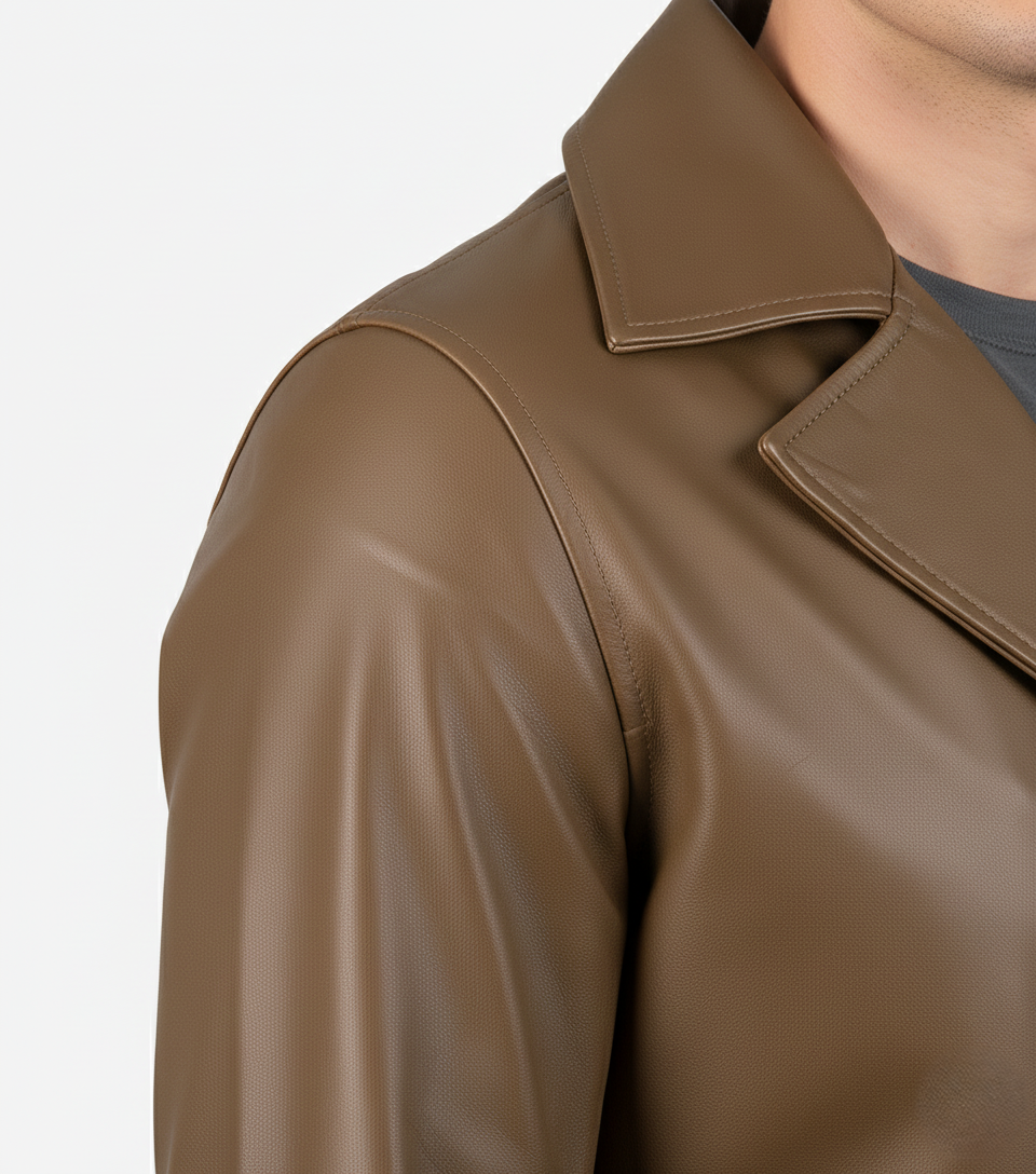Mens Camel Brown Leather Trench Coat - Full Look