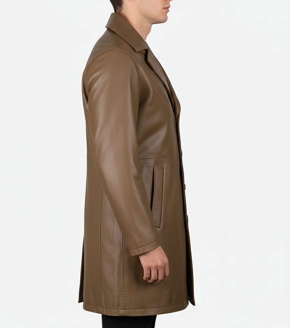 Mens Camel Brown Leather Trench Coat - Side View