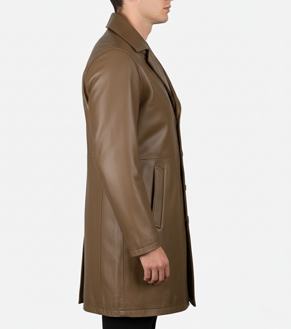 Mens Camel Brown Leather Trench Coat - Side View