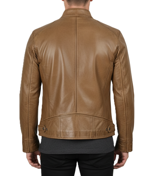 Mens Camel Brown Waxed Cafe Racer Leather Jacket - Back View