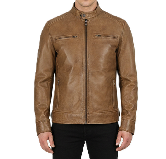 Mens Camel Brown Waxed Cafe Racer Leather Jacket - Front View