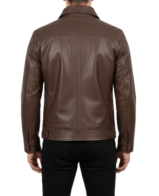 Mens Chocolate Brown Cafe Racer Leather Jacket - Back View