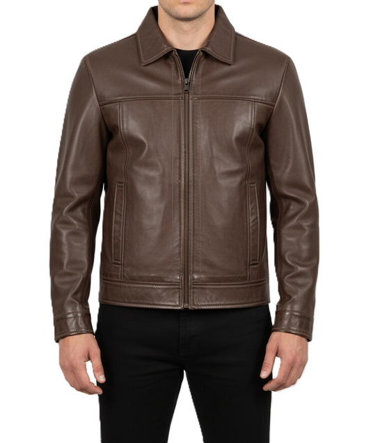 Mens Chocolate Brown Cafe Racer Leather Jacket - Front View