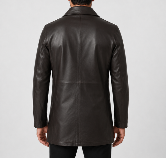 Mens Chocolate Brown Leather Trench Coat - Back View