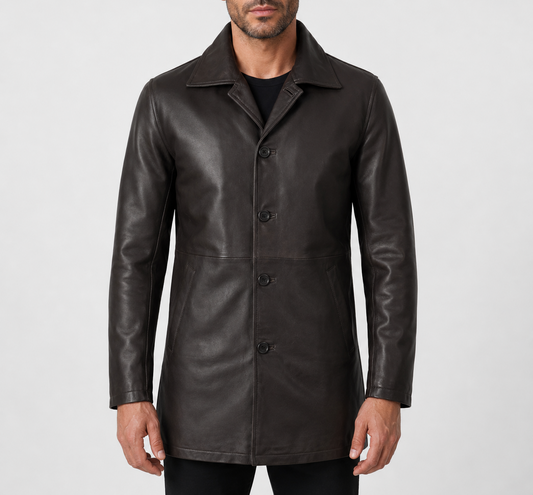 Mens Chocolate Brown Leather Trench Coat - Front View