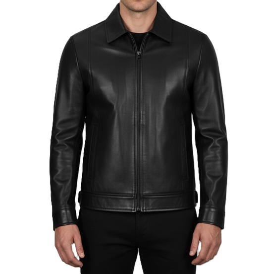 Mens Classic Black Leather Harrington Jacket - Front View