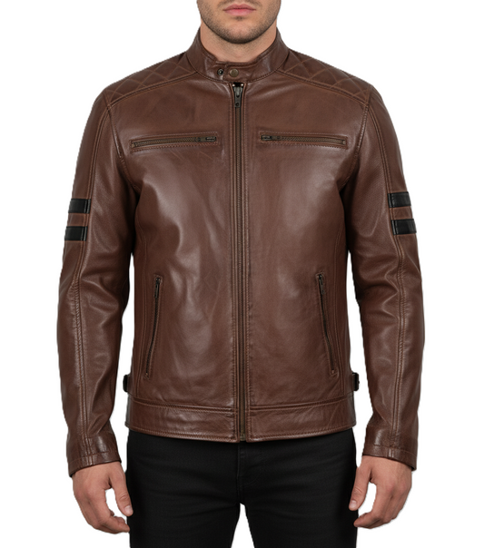 Mens Cognac Lambskin Biker Leather Jacket with Black Stripes - Front View