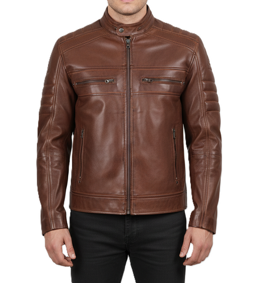 Mens Cognac Waxed Leather Biker Jacket - Front View