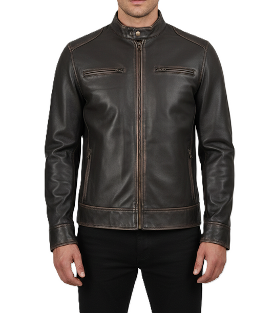 Mens Dark Brown Leather Biker Jacket - Front View