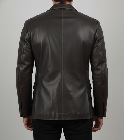 Mens Dark Brown Leather Blazer Handmade Slim Fit - back View