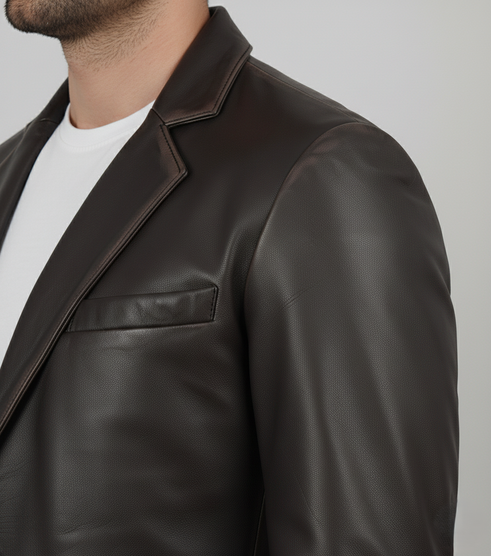 Mens Dark Brown Leather Blazer Handmade Slim Fit - Detail View