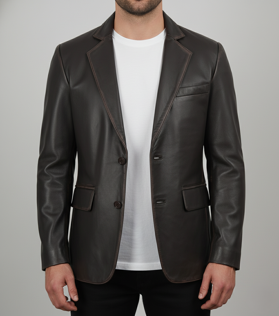 Mens Dark Brown Leather Blazer Handmade Slim Fit - Front View
