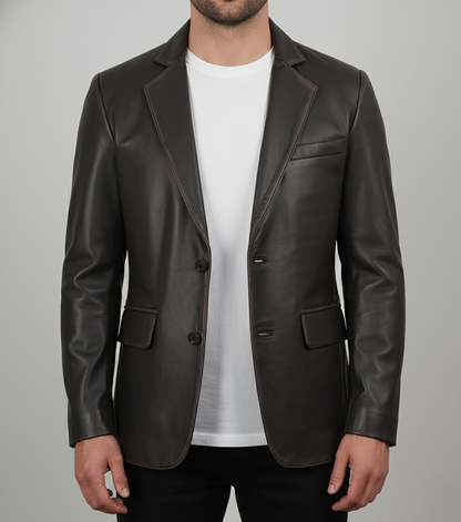 Mens Dark Brown Leather Blazer Handmade Slim Fit - Front View
