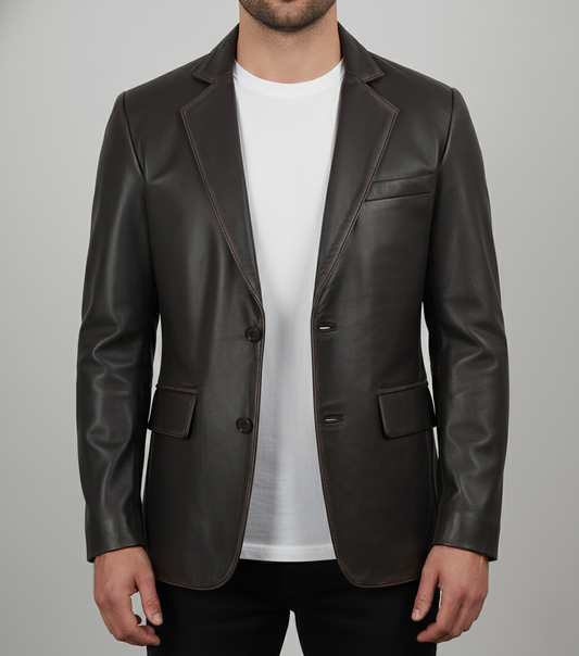 Mens Dark Brown Leather Blazer Handmade Slim Fit - Front View