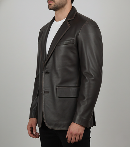 Mens Dark Brown Leather Blazer Handmade Slim Fit - sideView