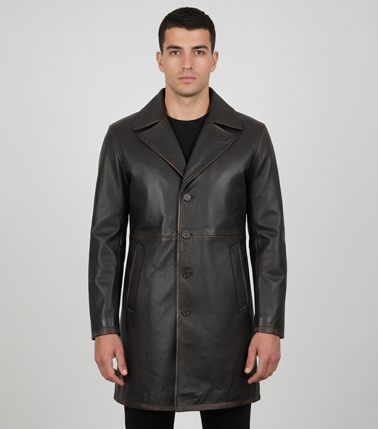 Mens Dark Brown Leather Long Coat - Front View