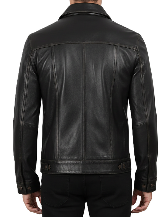 Men's Dark Brown Leather Trucker Jacket - back View