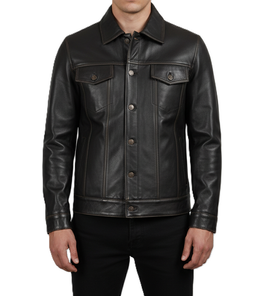 Men's Dark Brown Leather Trucker Jacket - Front View