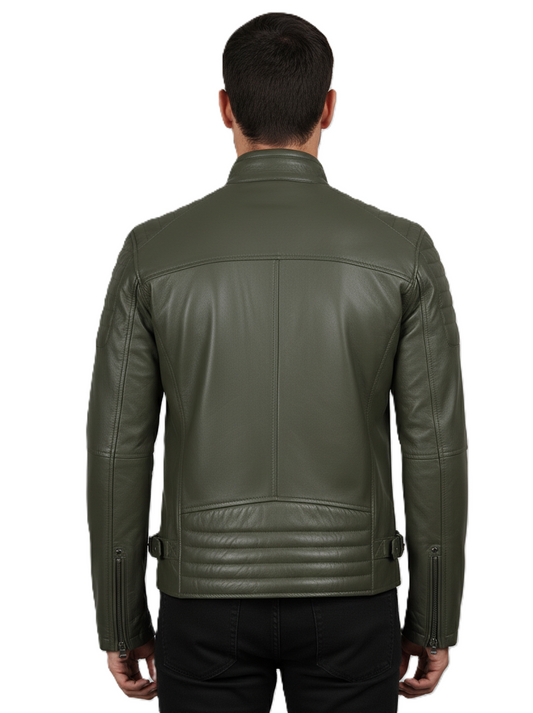 Mens Green Cafe Racer Leather Jacket - Back View