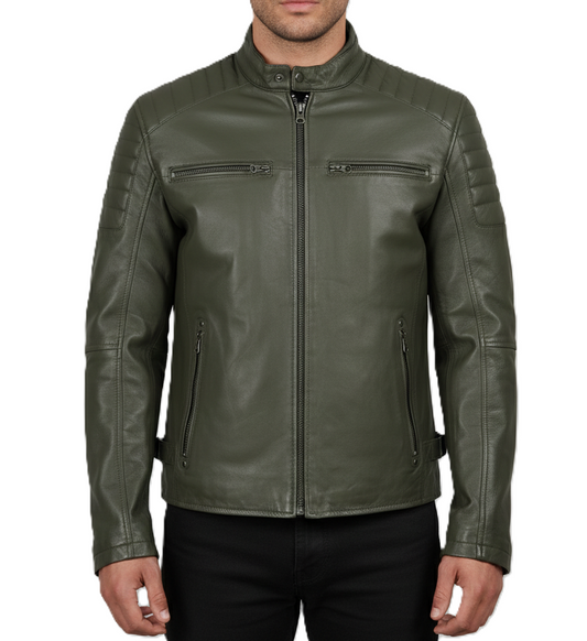 Mens Green Cafe Racer Leather Jacket - Front View