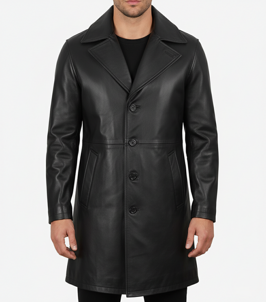 Mens Handmade Black Leather Trench Coat - Front View