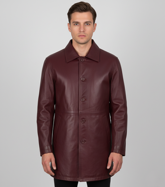 Mens Maroon Leather Trench Coat - Front View