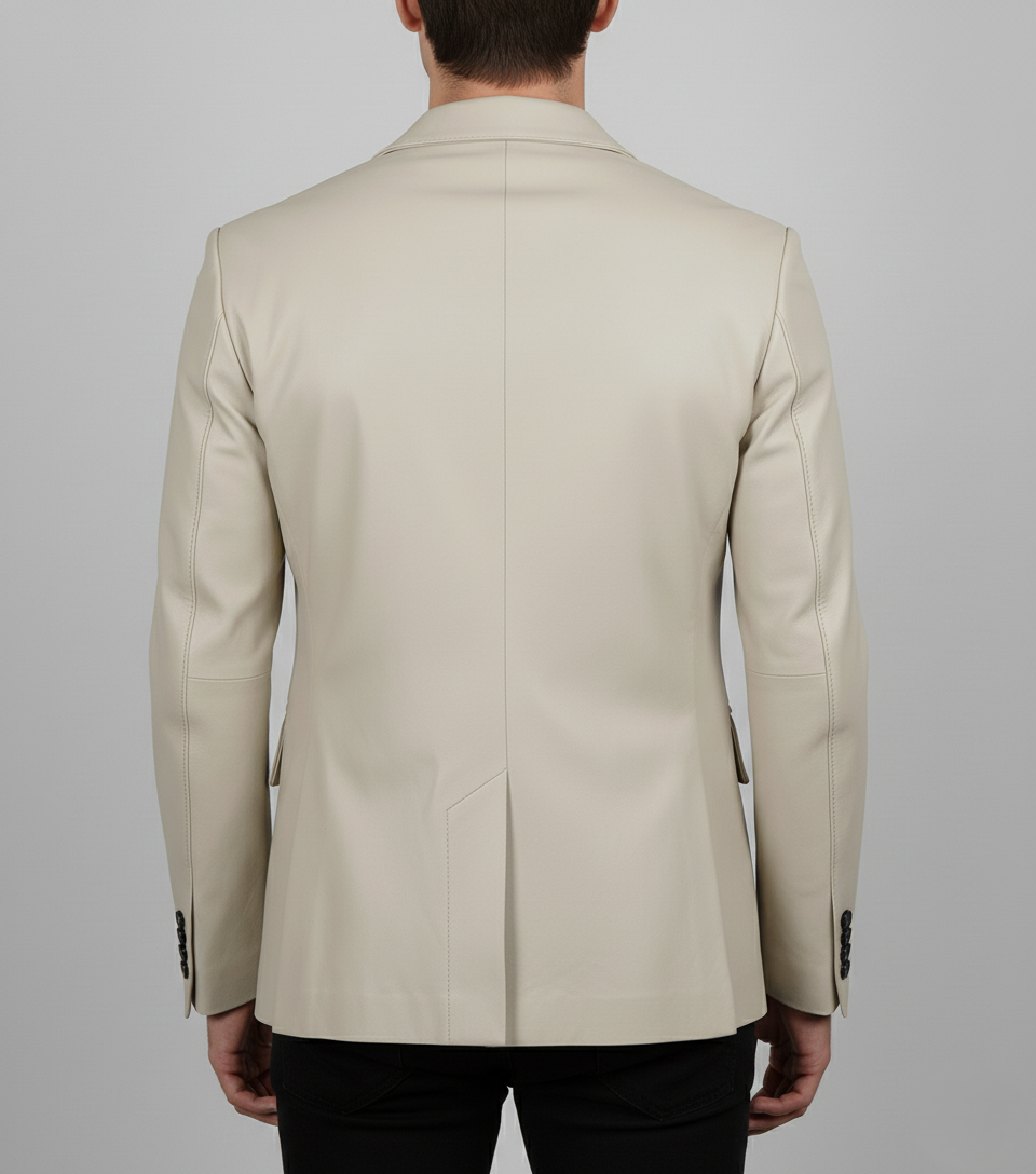 Mens Off White Leather Blazer Genuine Lambskin - back View