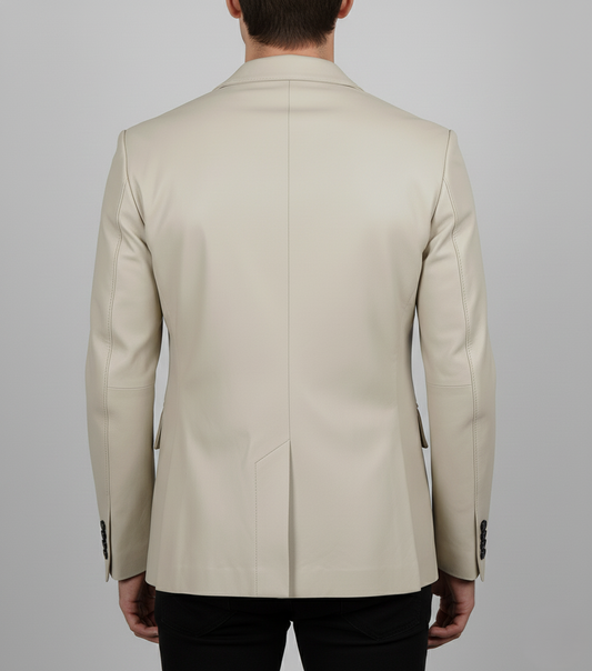 Mens Off White Leather Blazer Genuine Lambskin - back View