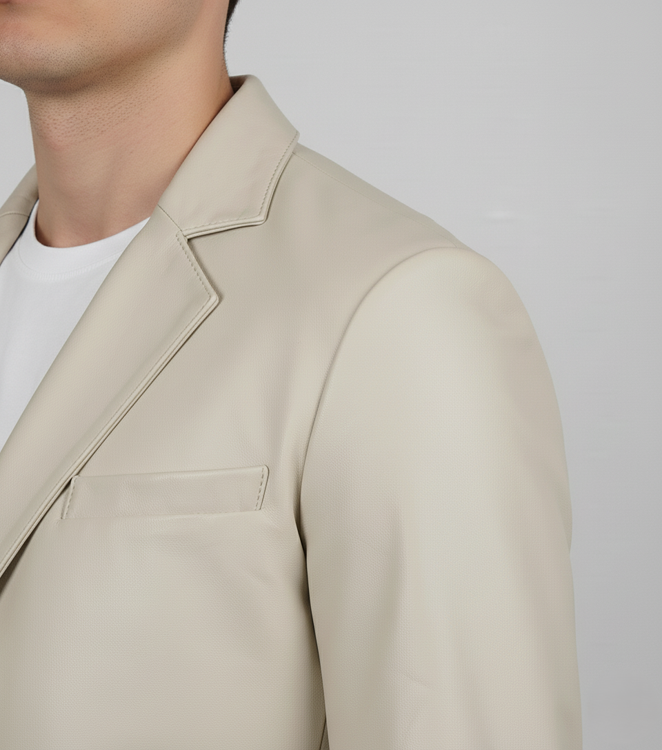 Mens Off White Leather Blazer Genuine Lambskin - Collar Detail