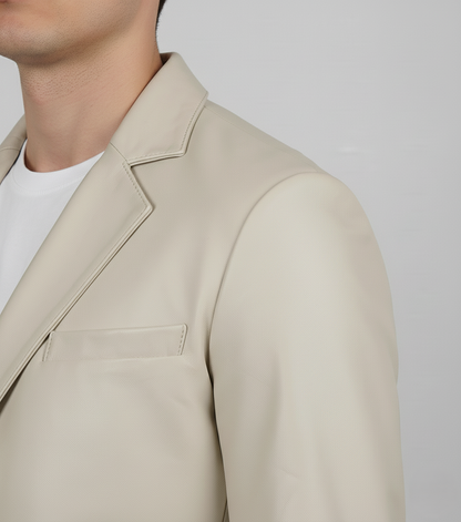 Mens Off White Leather Blazer Genuine Lambskin - Collar Detail