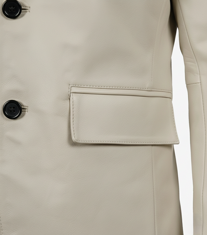 Mens Off White Leather Blazer Genuine Lambskin - detailed View