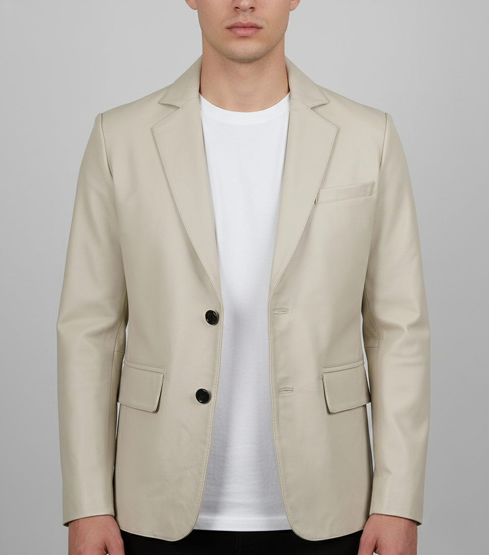 Mens Off White Leather Blazer Genuine Lambskin - Front View