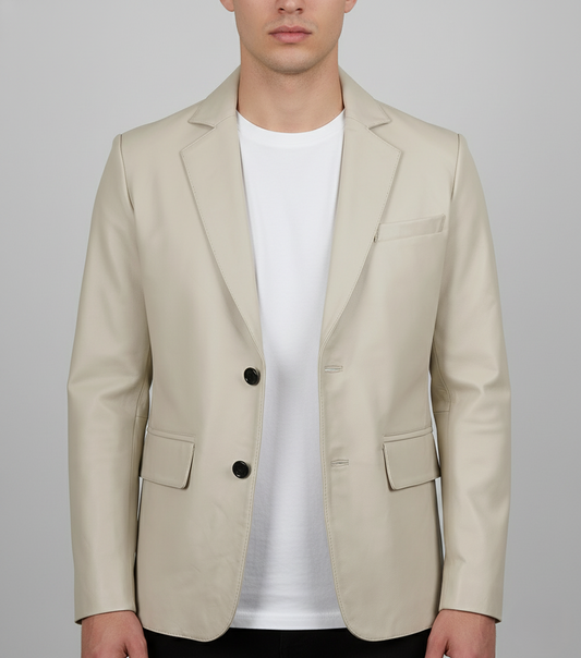 Mens Off White Leather Blazer Genuine Lambskin - Front View