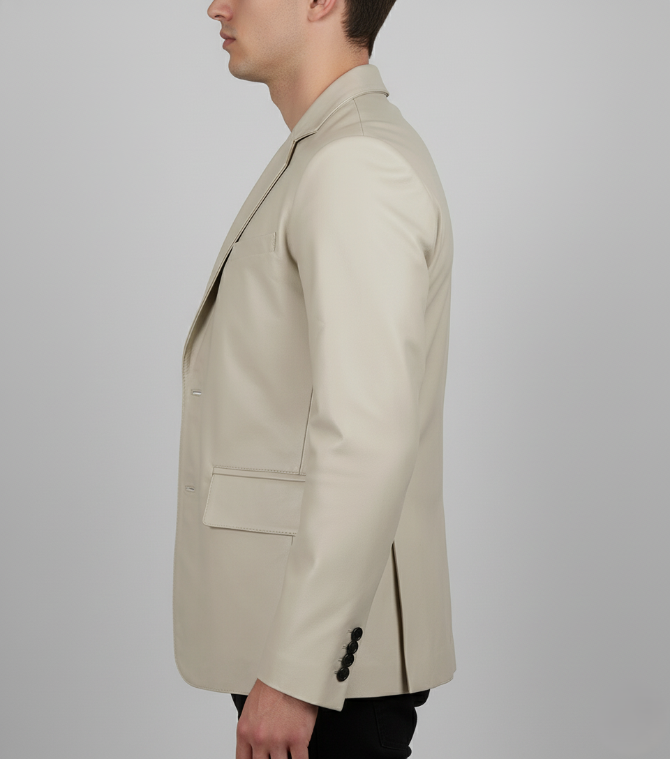 Mens Off White Leather Blazer Genuine Lambskin - left View