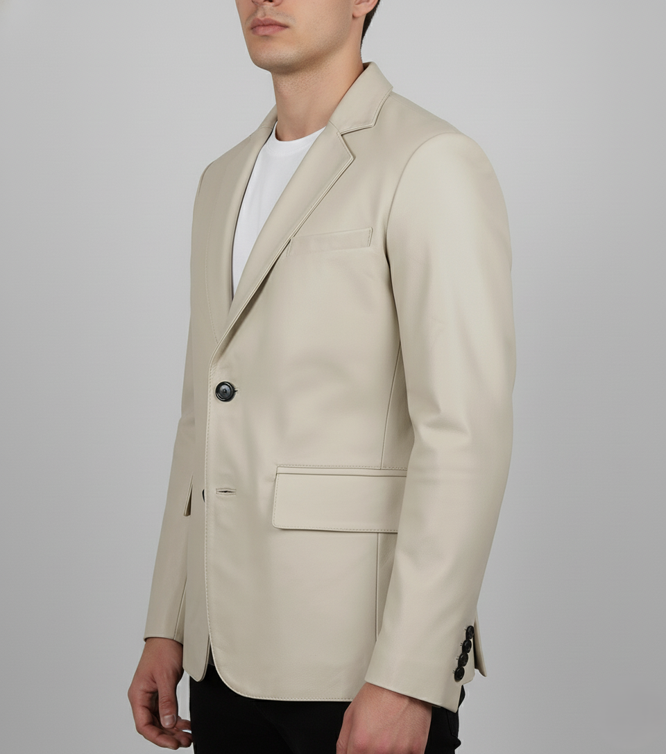 Mens Off White Leather Blazer Genuine Lambskin - side View