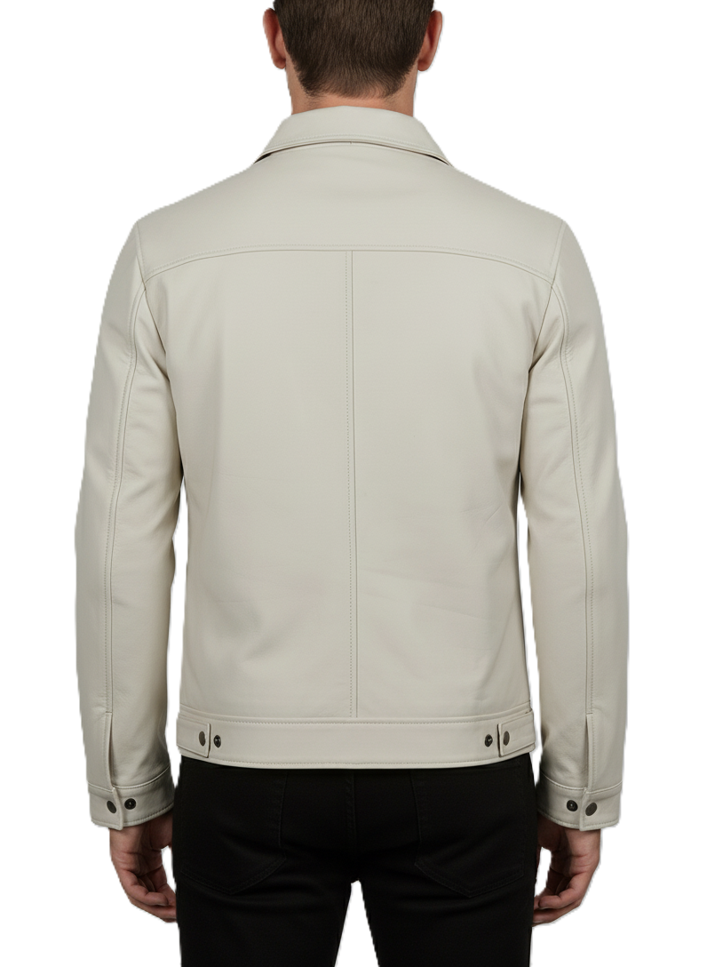 Mens Off White Leather Harrington Jacket - Back View