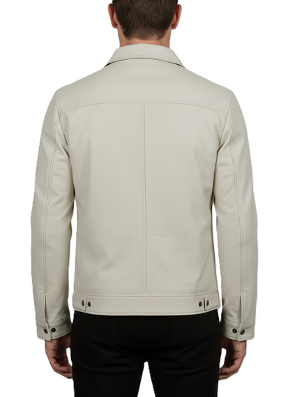Mens Off White Leather Harrington Jacket - Back View