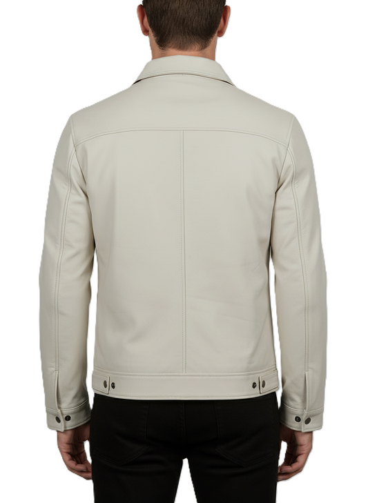 Mens Off White Leather Harrington Jacket - Back View