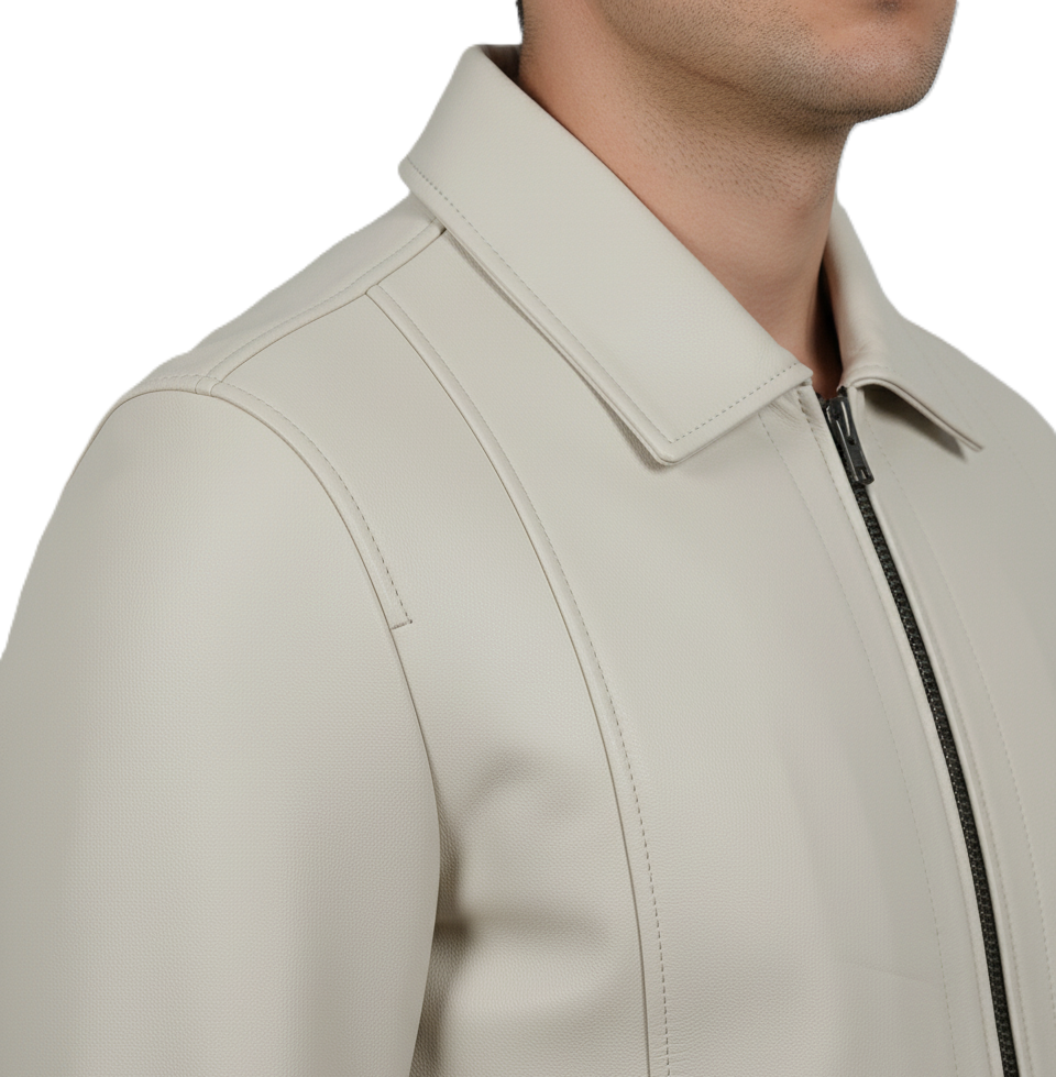 Mens Off White Leather Harrington Jacket - Collar Detail