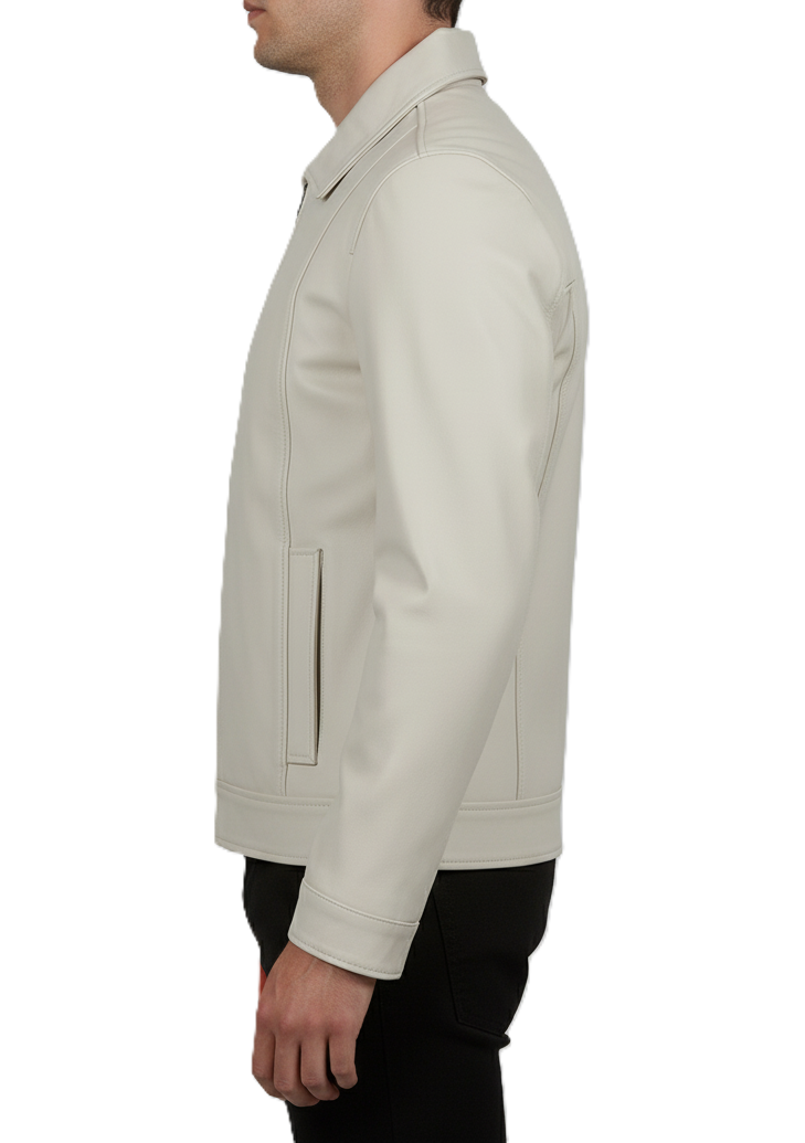 Mens Off White Leather Harrington Jacket - Detail View