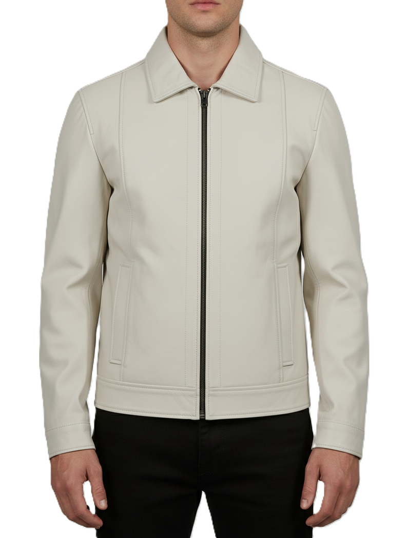 Mens Off White Leather Harrington Jacket - Front View