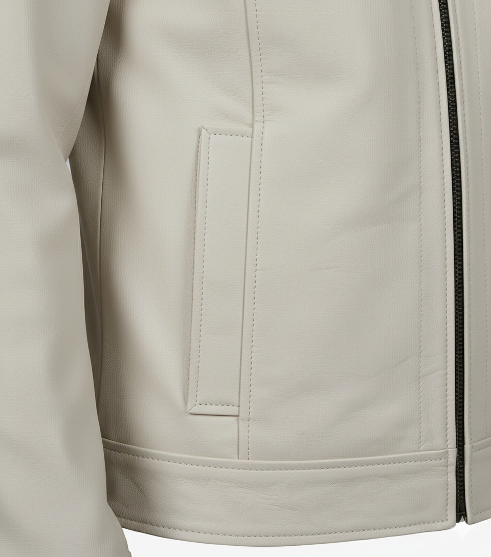 Mens Off White Leather Harrington Jacket - Full Look
