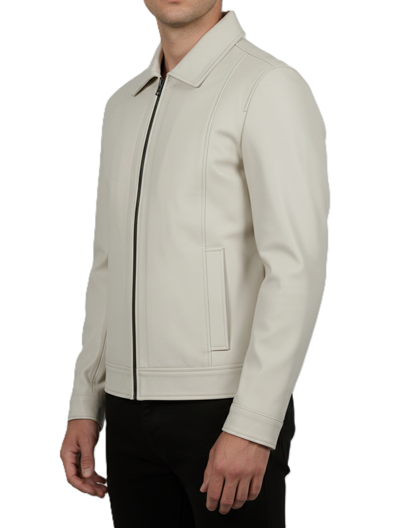 Mens Off White Leather Harrington Jacket - Side View