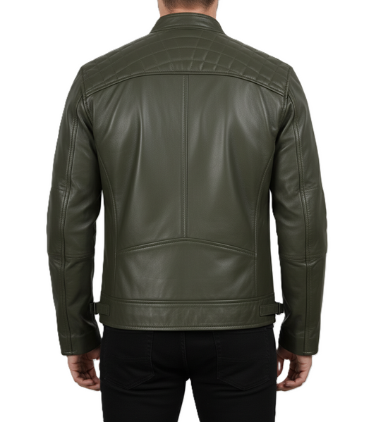 Mens Olive Green Cafe Racer Leather Jacket - Back View