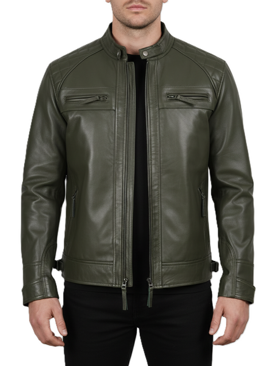 Mens Olive Green Cafe Racer Leather Jacket - Front View
