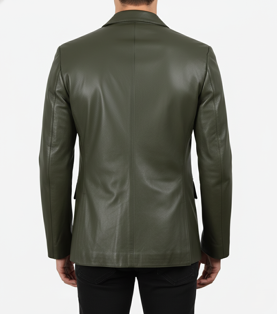 Mens Olive Green Leather Blazer Handmade Coat - back View