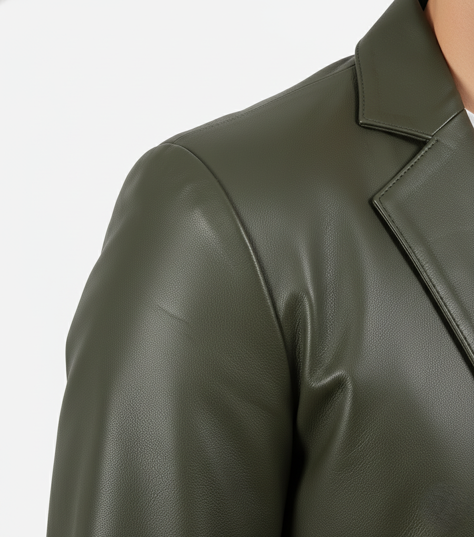 Mens Olive Green Leather Blazer Handmade Coat - Collar Detail