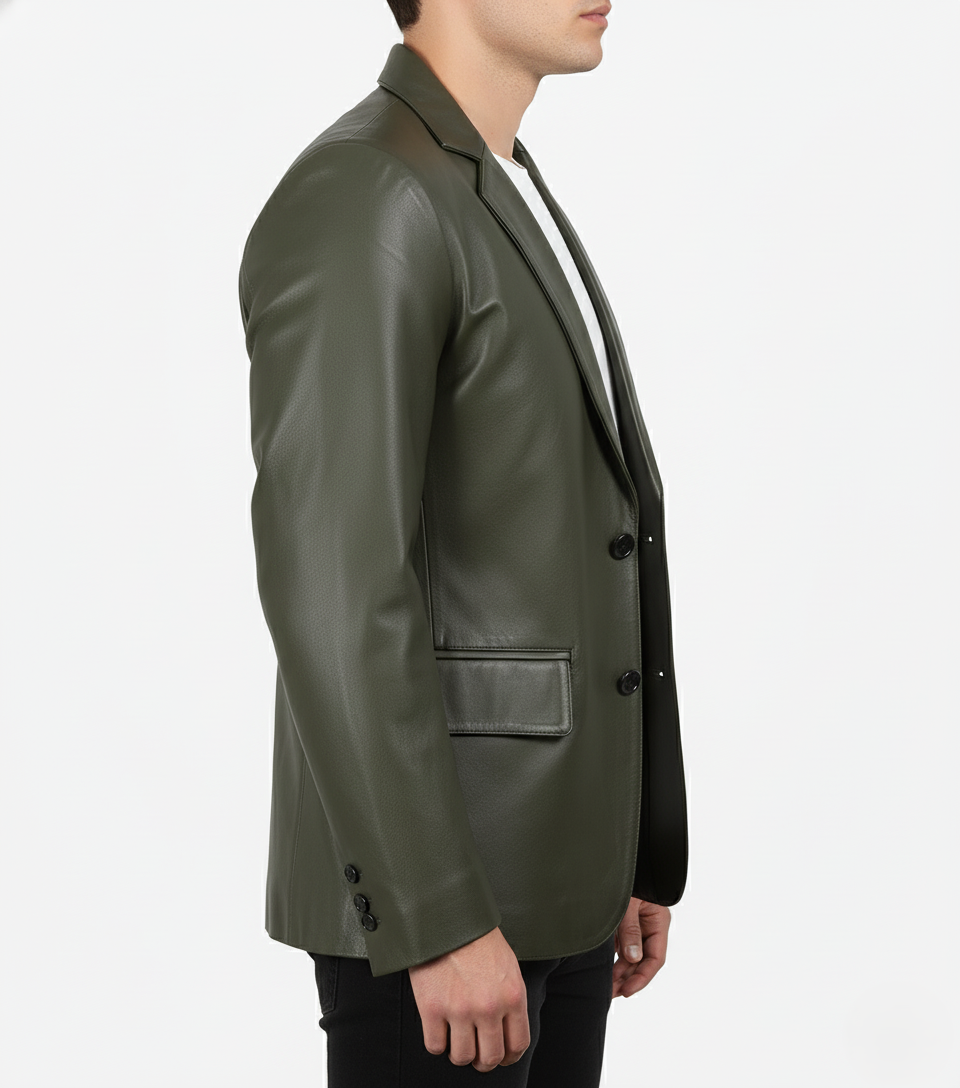 Mens Olive Green Leather Blazer Handmade Coat - Detail View